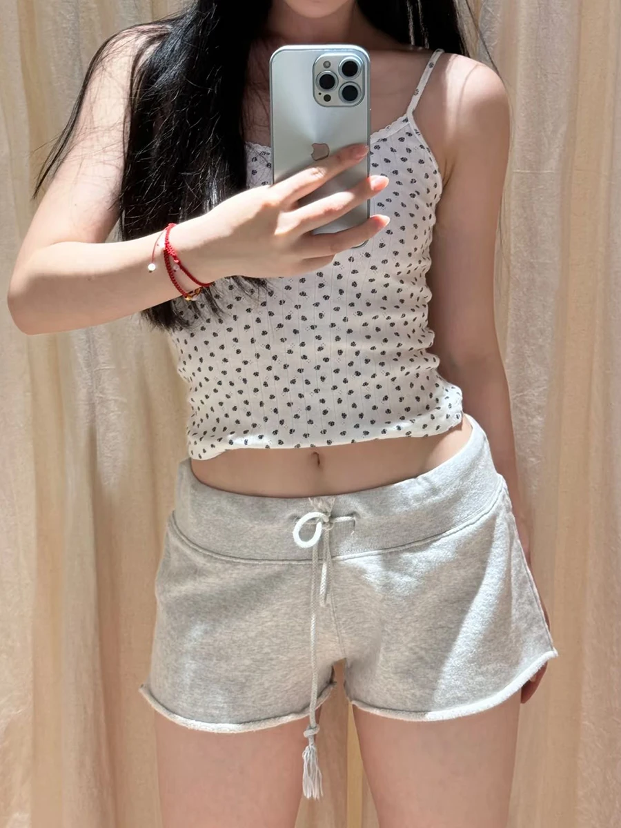 Women Vintage Solid Casual Sports Shorts Cotton Raw Trim High Waist Summer Sweatshorts Harajuku Streetwear Drawstring Shorts