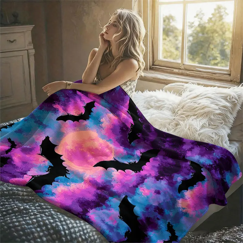 Bats Pink Moon Halloween Flannel Blanket Perfect for Sofa Office Bed Travel Sleep Read Relax Camping Four Season Use