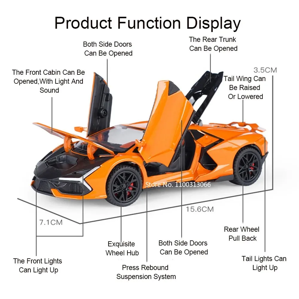 Scala 1:32 Sian Revuelto Modello di auto sportiva Giocattolo Musica Luce Tirare indietro Supercar Forbici Porte Modelli aperti Decorazioni per la casa Decorazione