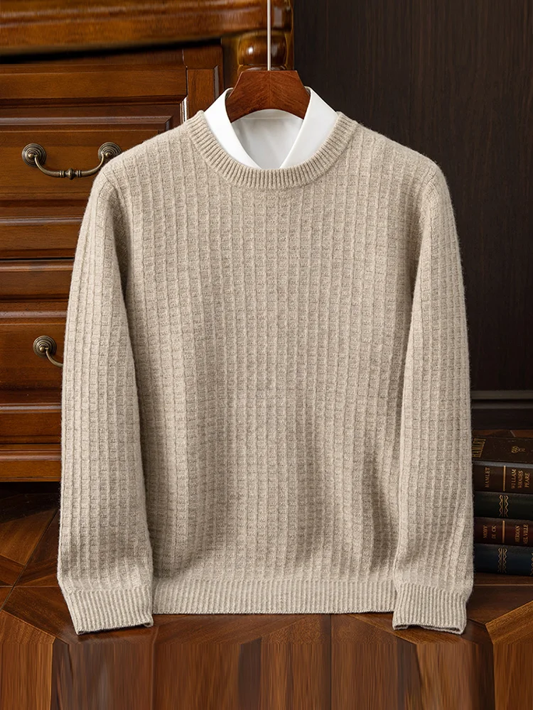 

Autumn and Winter New Men's Sweater 100% Pure Wool Waffle Knitting Patterns Pullover round Neck Fashion Trendy Tops