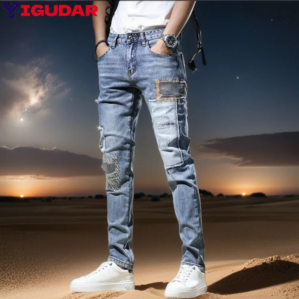 

Autumn New Arrival Men's Jeans Elastic Embroidered Patchwork Hip Hop Denim Pants Korean Style Slim Fit Cotton Trousers for Men