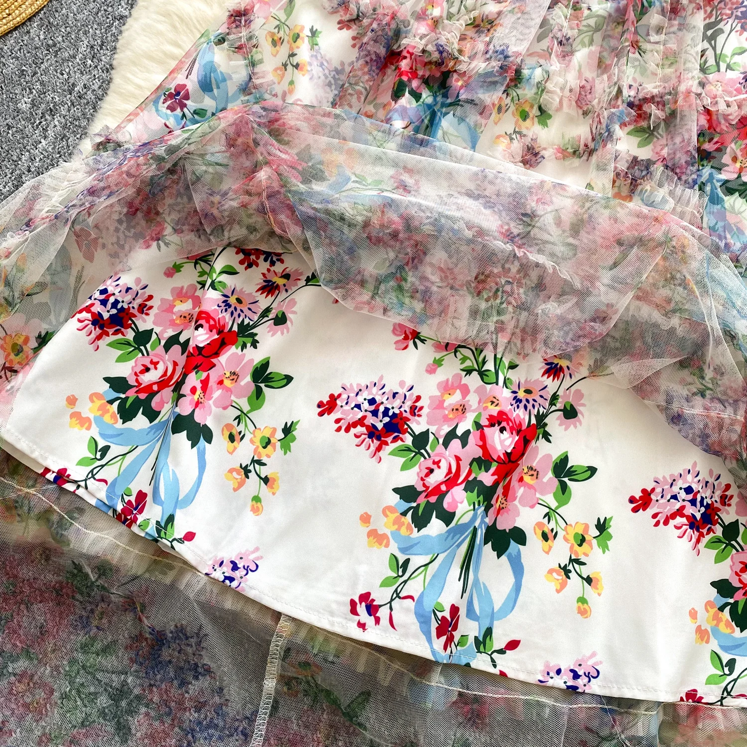 2025 de alta qualidade festa francesa vestido longo novo feminino babados colarinho mangas curtas uma linha vestido verão moda malha impressão bohe vestido