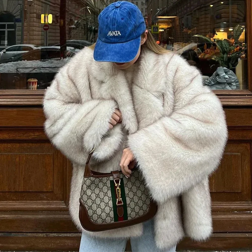 

Tuularose Women's Fur Coat Winter Thick Casual Oversized Fluffy Plush Patchwork Collar Fur Jacket Unique Commuter Female Outwear