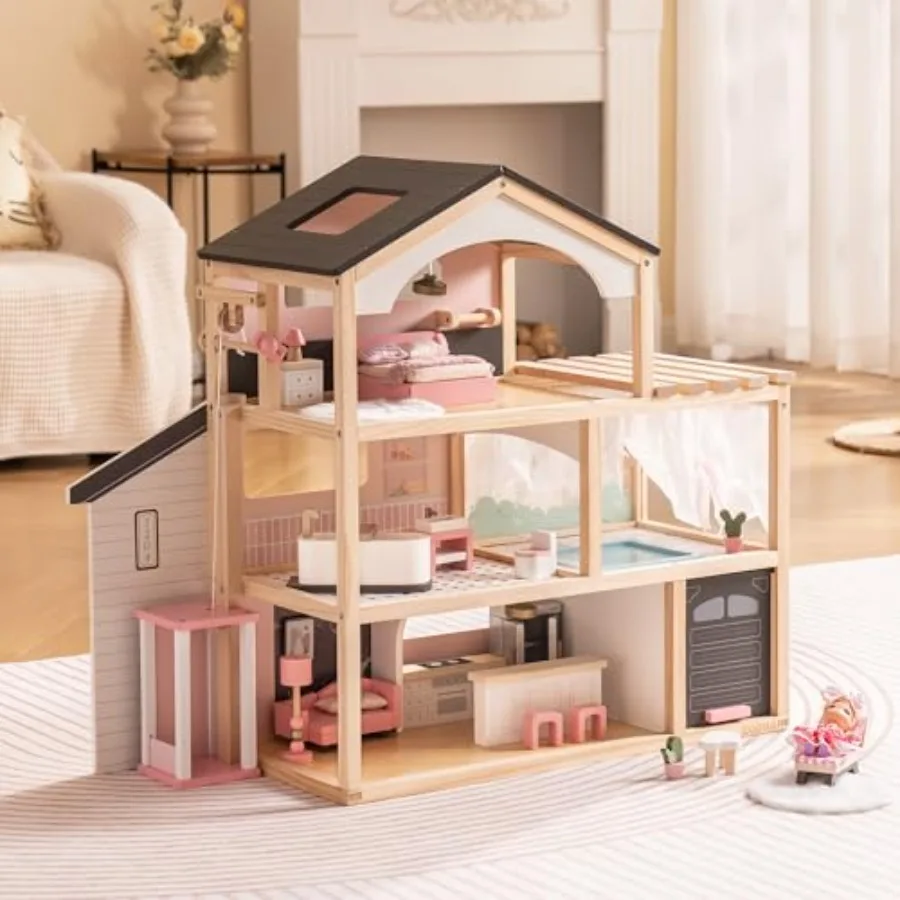 

Doll House Wooden Dollhouse with 6 Rooms 29-pcs Furniture Set Working Elevator Garage Swimming Pool Ideal Gift for Ages 3