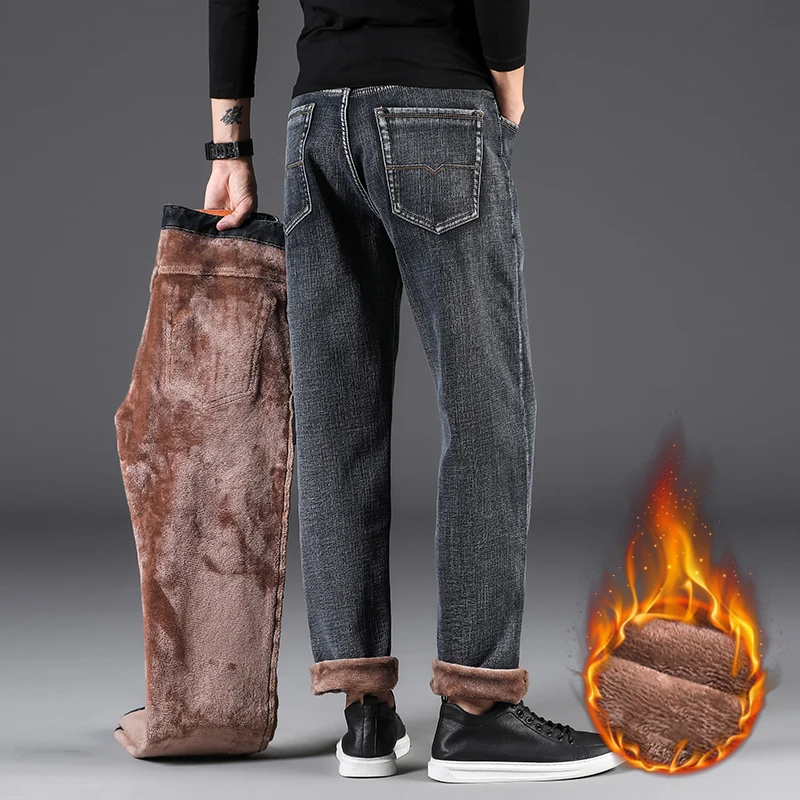 Winter Men's Fleece Warm Jeans Thickened Classic High Waist Loose Straight Denim Pants Retro Smoke Gray Elastic Trousers 42 44