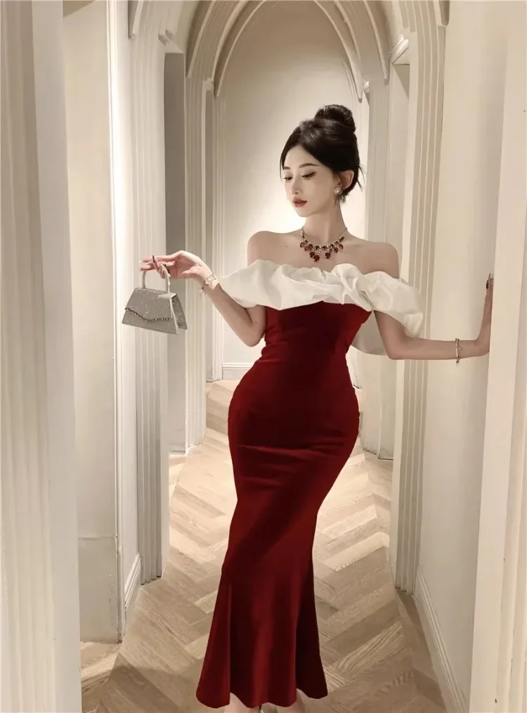 Ezgaga Mermaid Dresses Women Slash Neck Off Shoulder Patchwork Sleeveless Sexy Velvet Party Dress Elegant Ladies Backless