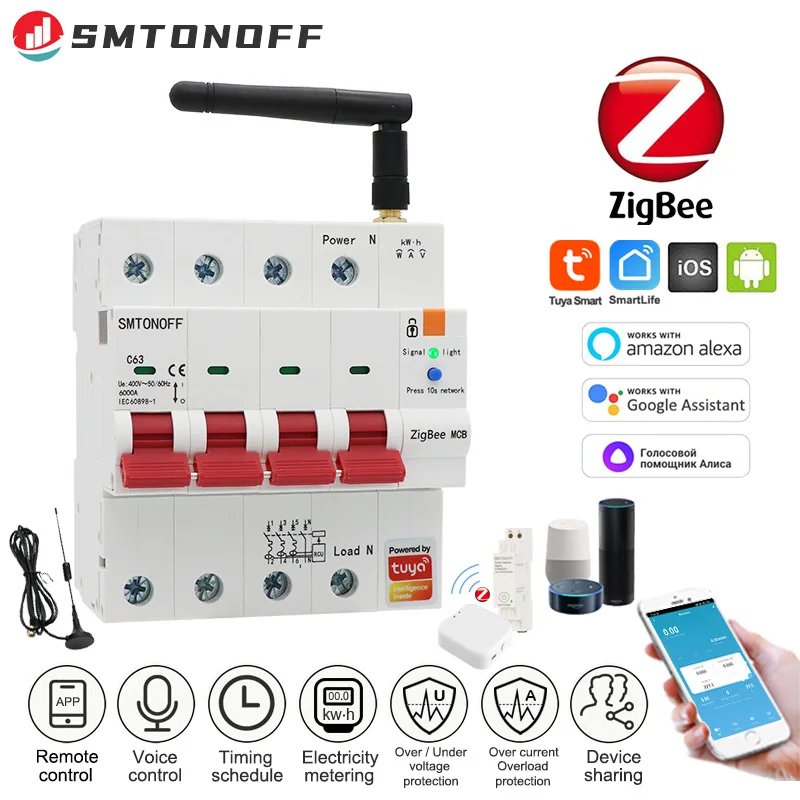 

Zigbee Tuya 4P Smart Circuit Breaker Energy Meter Timer Switch Voltage Current Protector Voice Control Alexa Google Alice