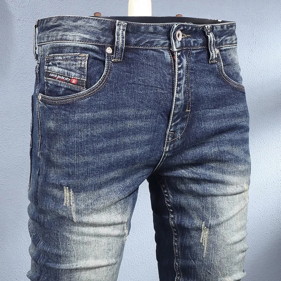 newY2K high-quality jeans, scratch washed, nostalgic, stretchy, slim fit, retro blue men's jeans, Italian designer, hip
