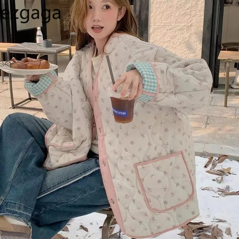 

Ezgaga женские парки с цветочным принтом и v-образным вырезом, однобортные осенне-зимние новые модные свободные элегантные пальто с милыми карманами, женские винтажные пальто