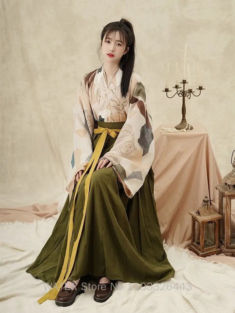 In Stock Women's Hanfu Chinese Style Improved Pleated Skirts Jin Dynasty Spring Autumn for Daily Shirt+Skirt Sets Plus Size XXXL