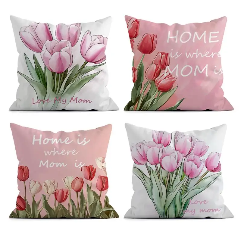 Mothers' Day Decoration Pillowcase Gift Pink Tulip Print Design Cushion Cover Suitable For Home Room Sofa Car Decor With Zipper