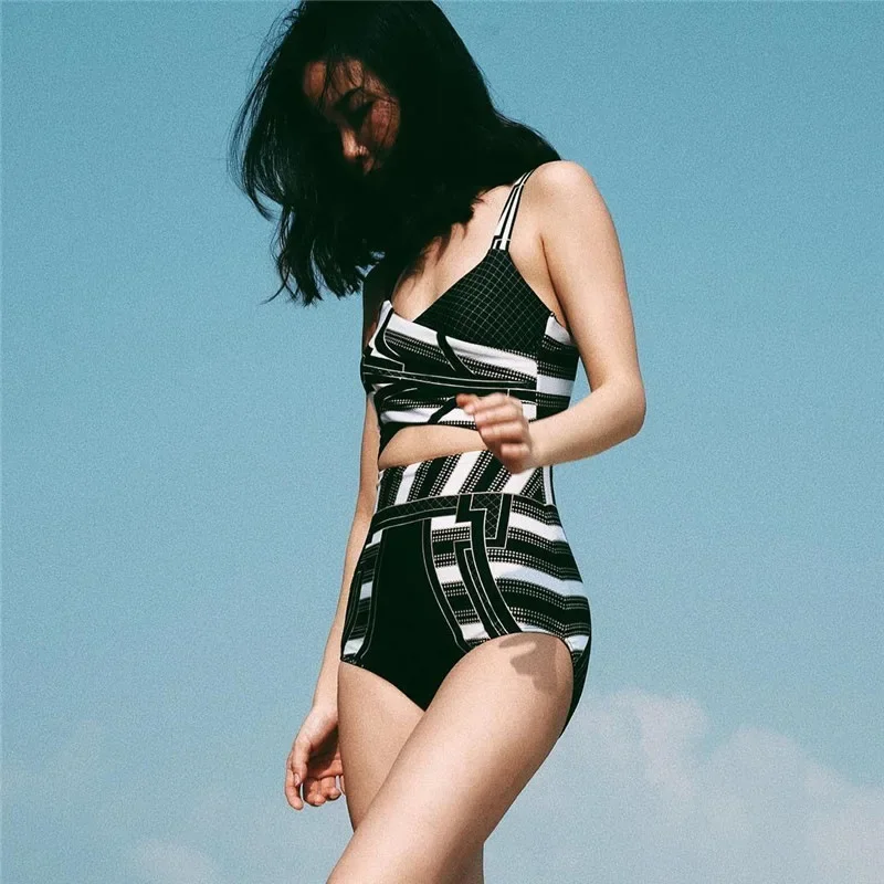 Damski jednoczęściowy strój kąpielowy z nadrukiem retro, wysoka talia, konserwatywne monokini z paskami krzyżowymi na plecach, jednoczęściowe body z wycięciem nowość