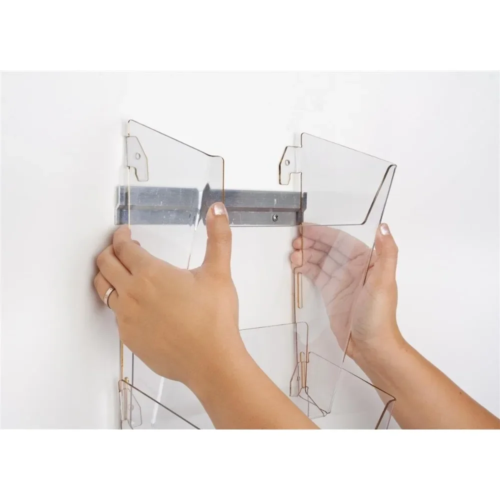 Wall Mounted Magazine Rack with Tiered Design, Thirty-Two Half View Pockets or 8.5 x 11 Inch Catalogs, Clear Plastic