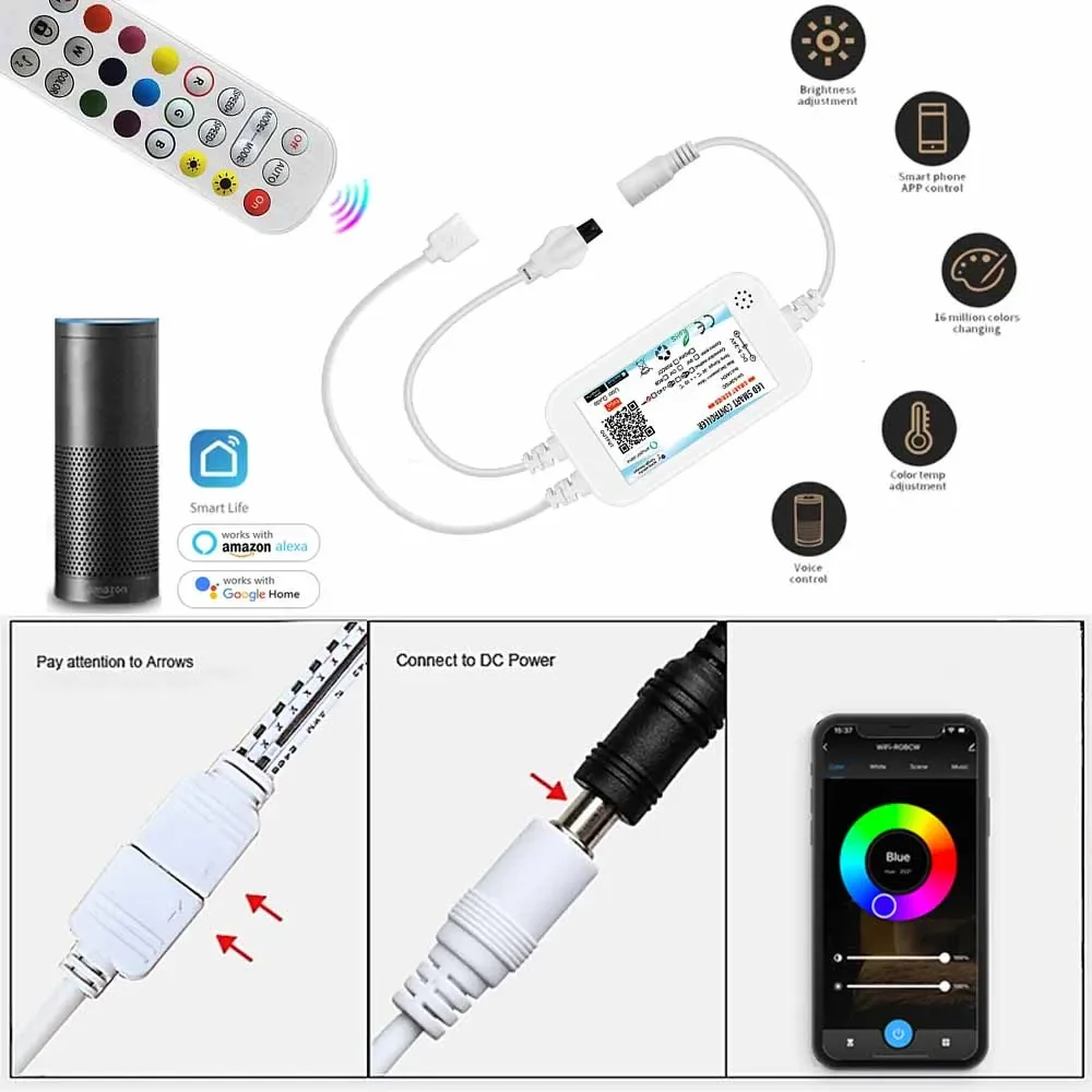 Tuya Wifi Smart FCOB RGBCCT LED Light Strip 6Pin DC24V RGB CW WW FOB Flexible COB Linear Light Dimmable Remote Control for Alexa