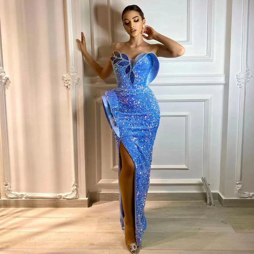 Vestidos de baile azul brilhante para mulheres, lantejoulas, sem alças, fenda lateral, festa de celebridades, vestido sexy, gala, 2024