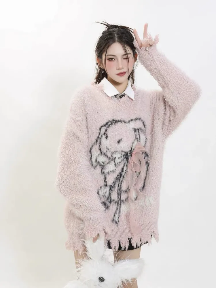 Y2k Aesthetic Women Sweet Cartoon Jacquard Sweaters New Grunge Vintage Bow Hole Jumpers Loose Knitted Harajuku Pullovers Female