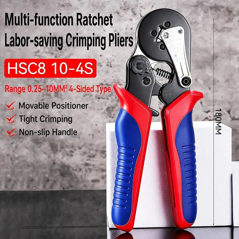 Square Crimp Profile Ferrule Crimping Pliers Adjustable Locator Ratchet Mechanism Ratcheting Crimping Tool Non-Slip Handles