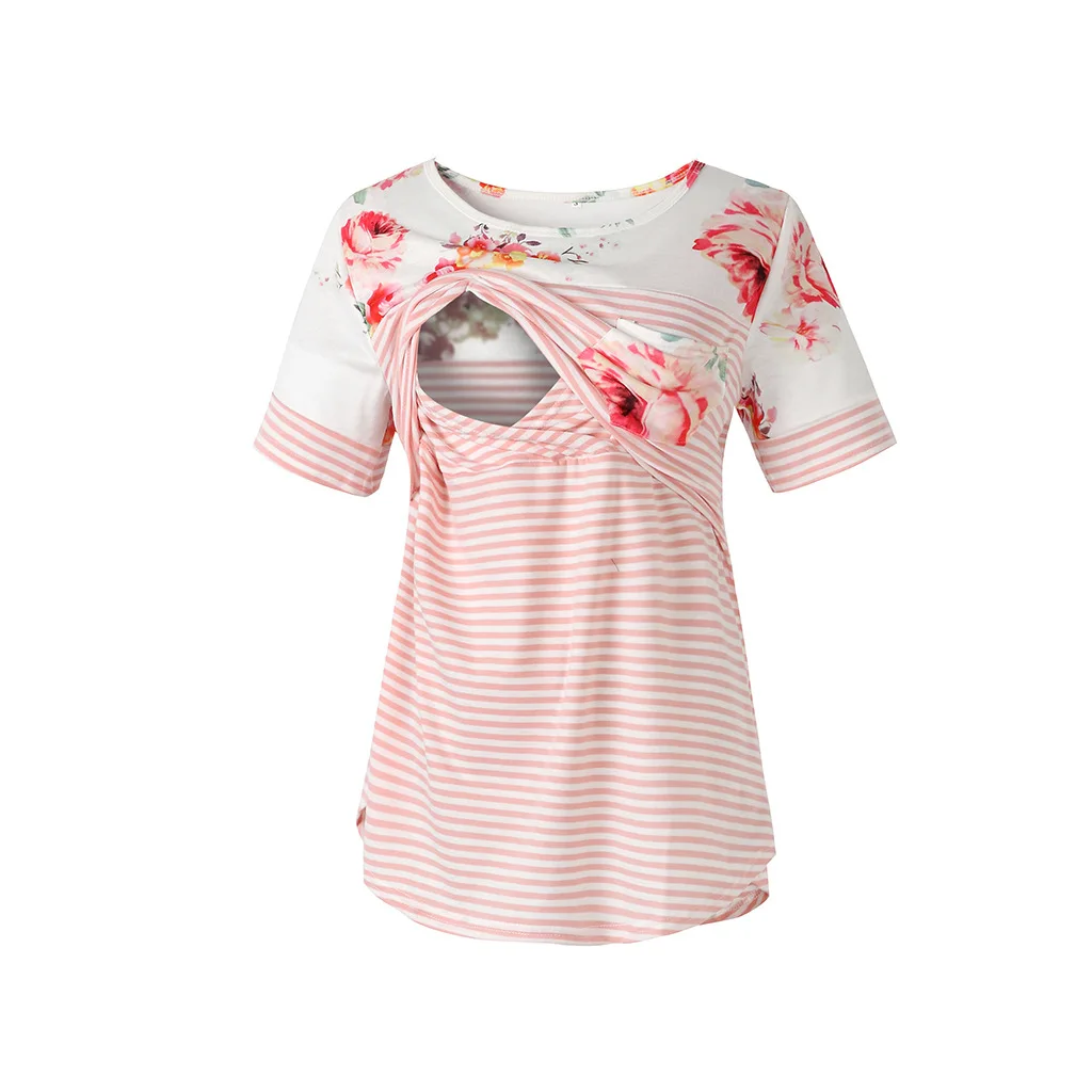 

Pregnant Women Breastfeeding Tops Striped Stitching Short-sleeved Out Fashion Maternity T-shirts Nursing Clothes Bottoming Shirt