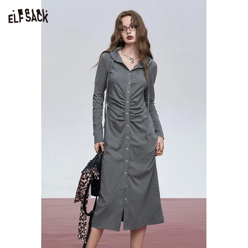 2024 Autumn ELFSACK New Arrivals Grey slim waist button temperament hooded knitted long-sleeved dress for women