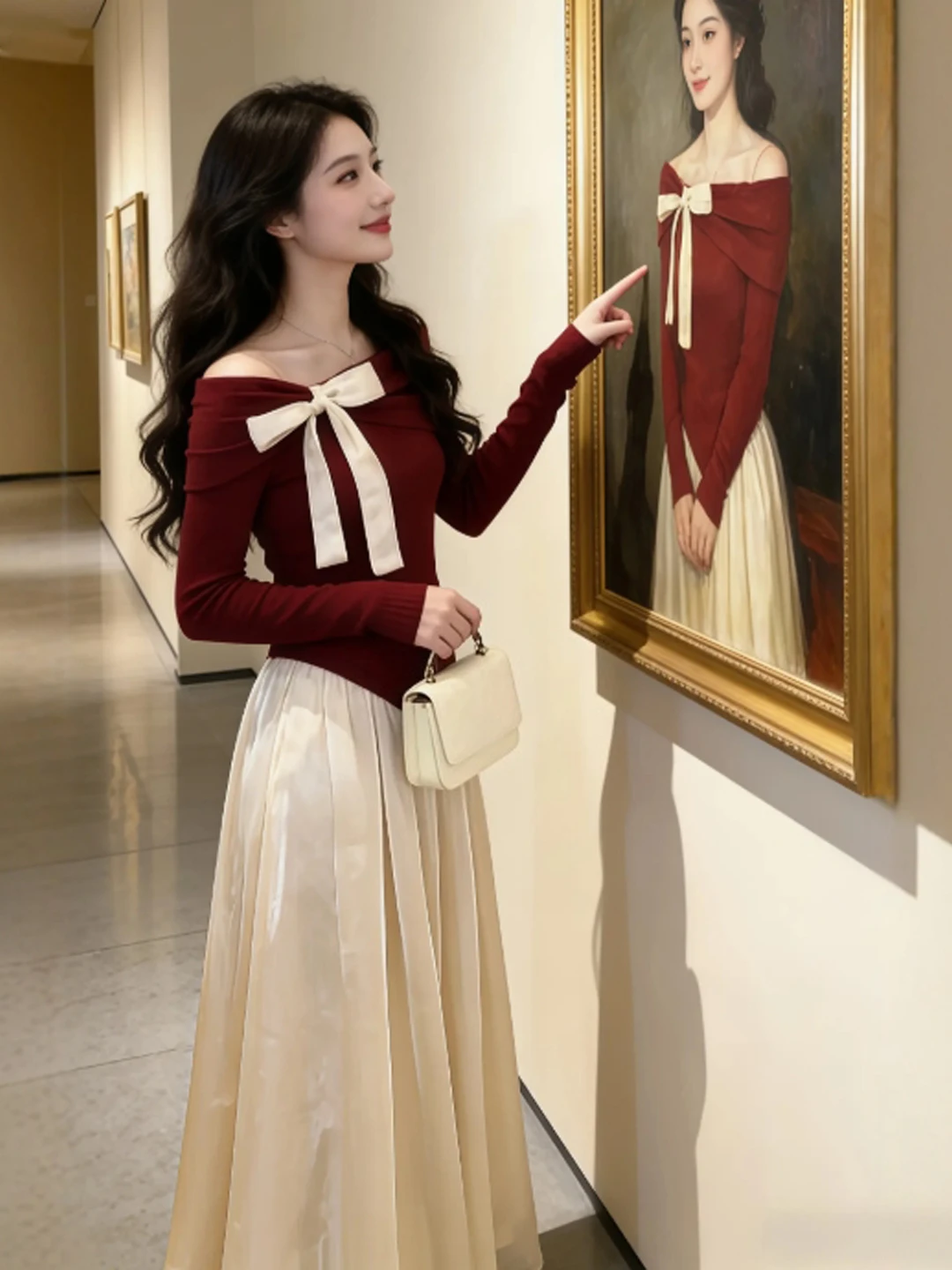 

Red Knitted One-Shoulder Top And High-Waisted Skirt Set Gentle Style Comfortable Fashionable Women's Winter Casual Outfit