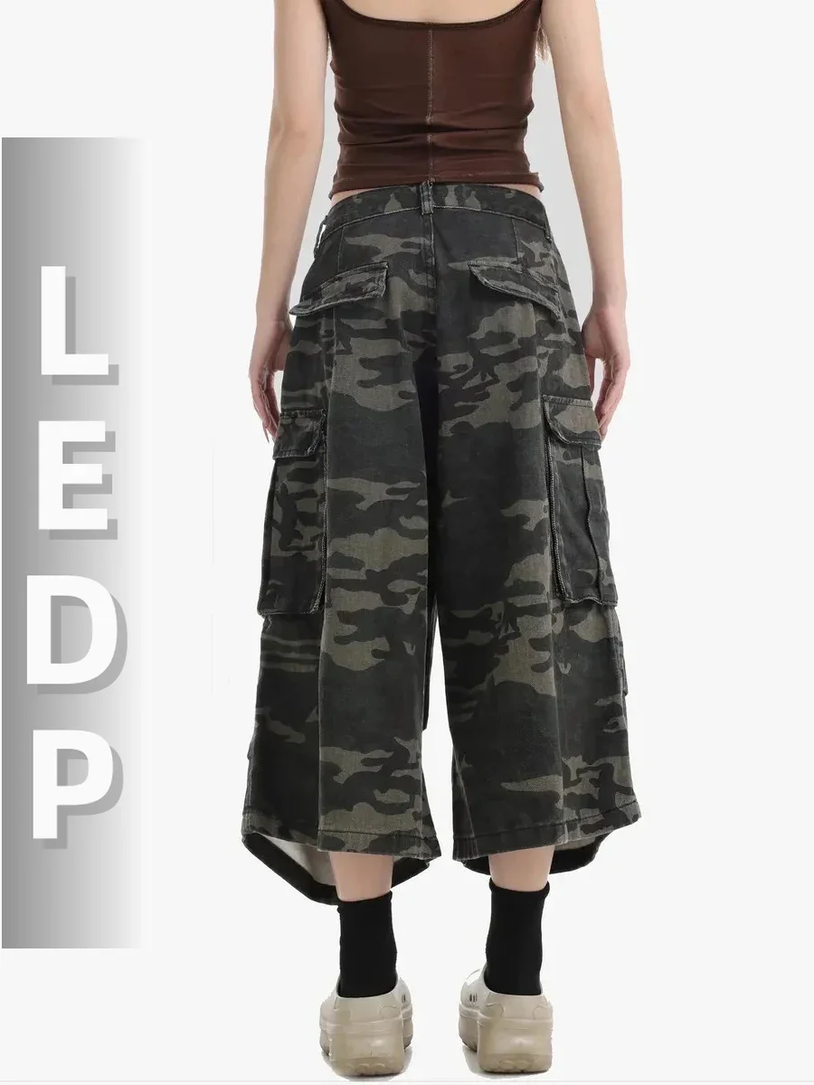 IMU Women's Camouflage Denim Bermuda Pants Retro High Waist Big Pockets Pleats Baggy Jorts Summer Casual Cargo Workwear