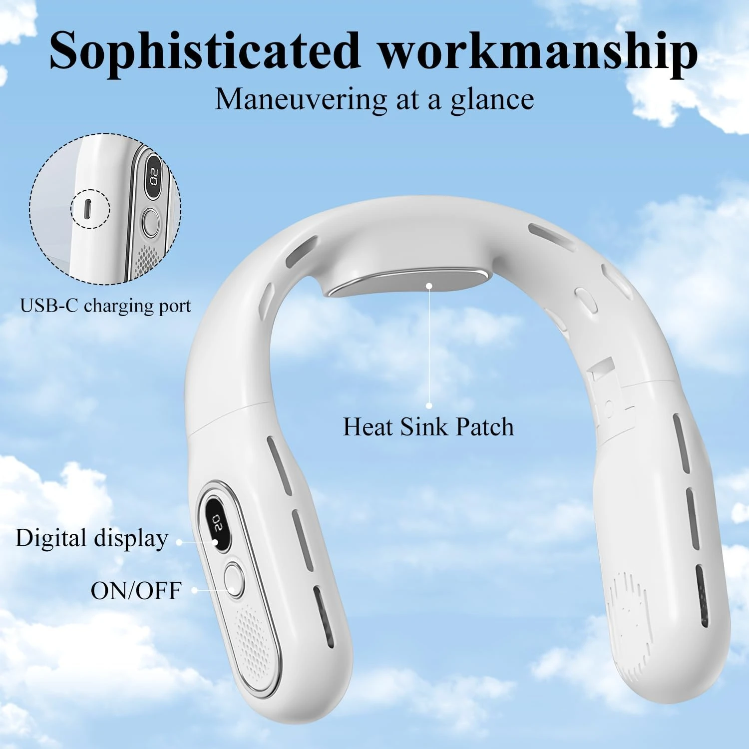 Compact and Powerful White Portable Bladeless Neck Fan with 3 Speed Wind for Personal Use, Foldable Hand-Free Travel Fan for Coo