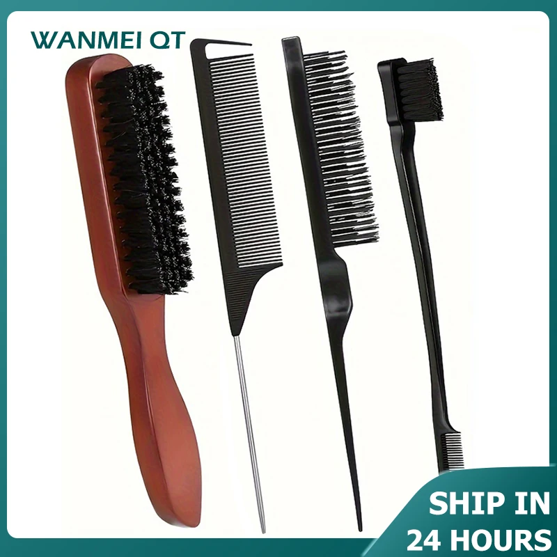 4/5-Piece Boar Bristle Hair Brush Set - Unisex Edge Control Styling Kit for Slick Back Teasing & Smoothing - Curly & Normal Hair