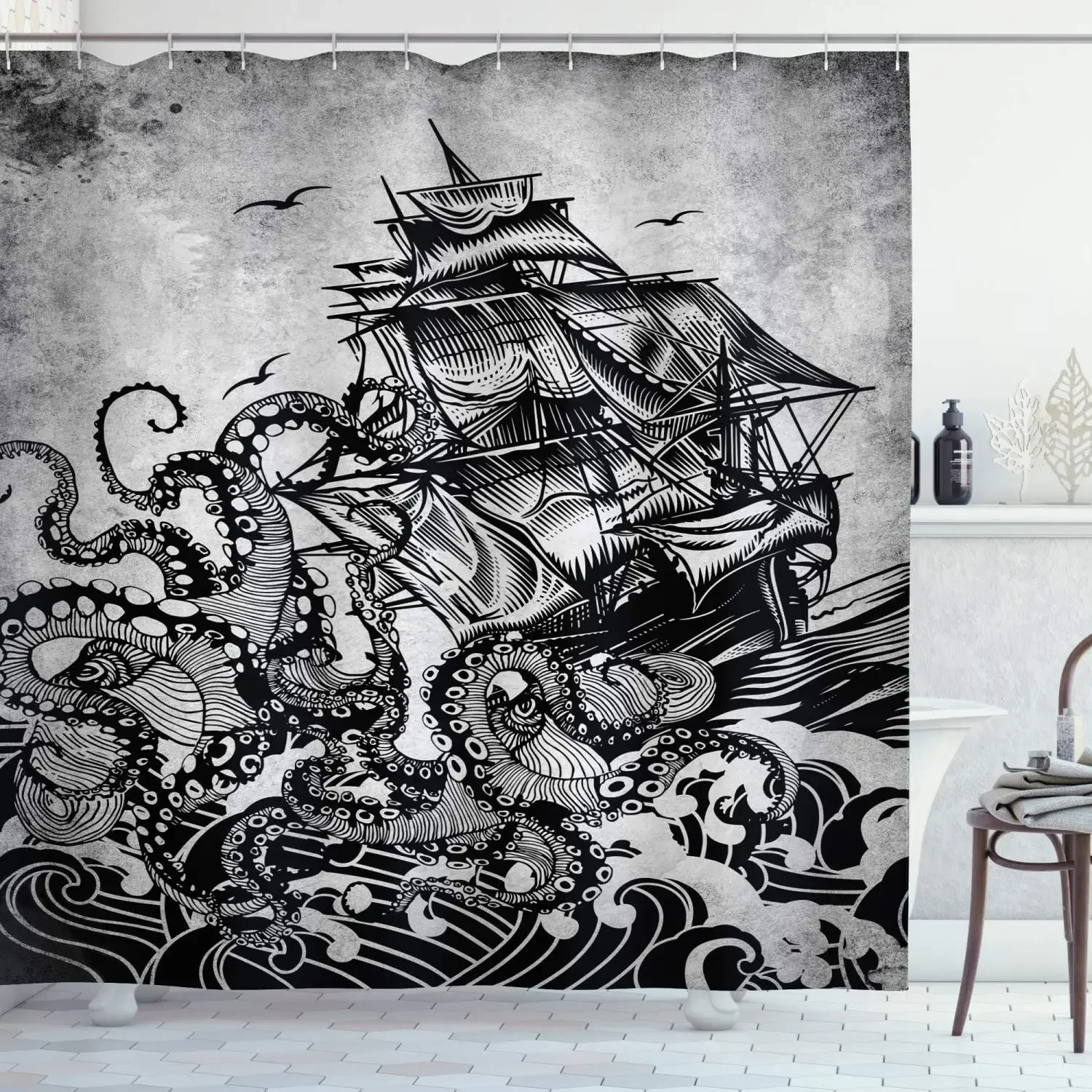 Monochromatic Marine Design Of Kraken Octopus Tentacles Around Ship Cloth Fabric Bathroom Decor Sets With Hooks Charcoal Grey