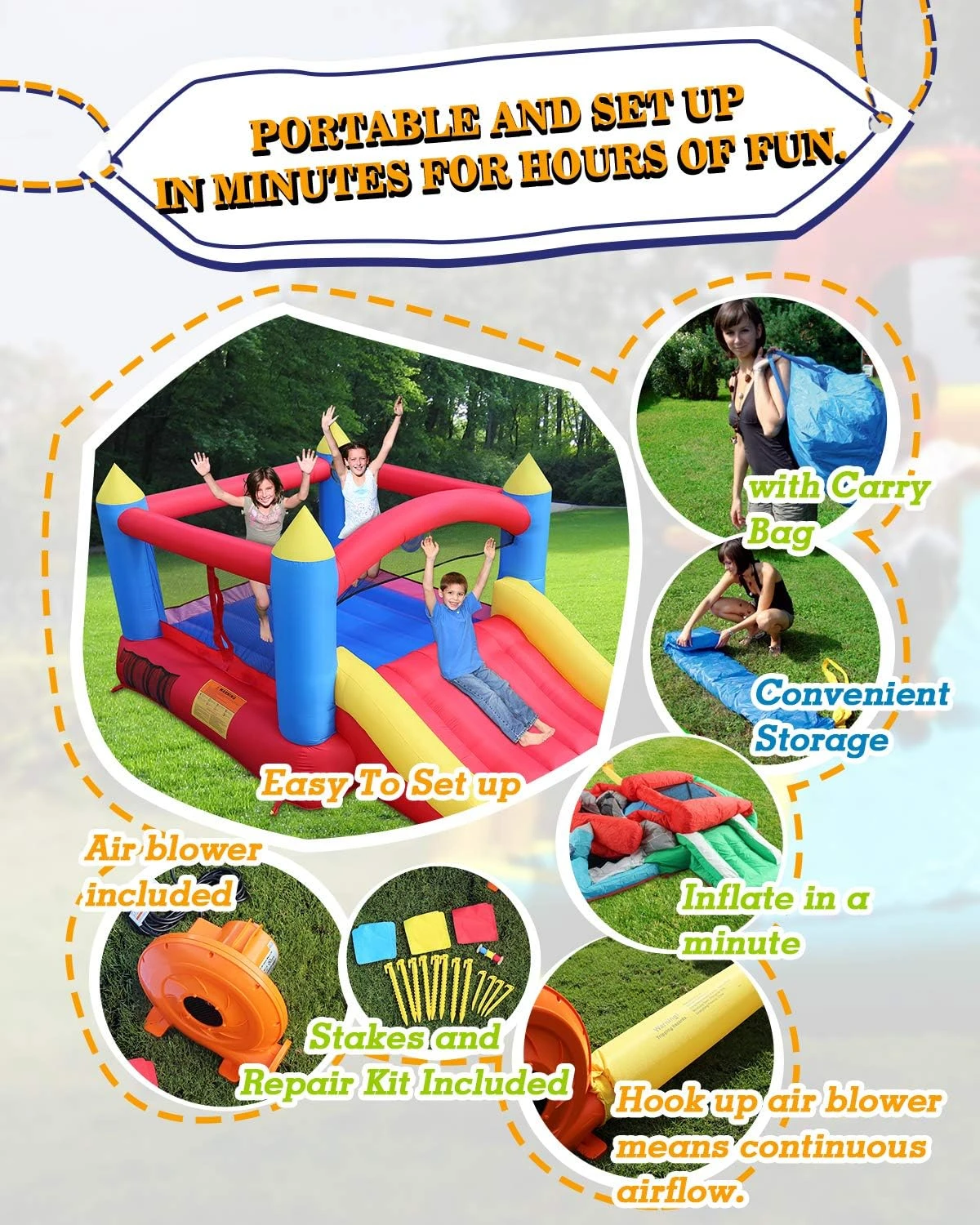 Bounce House, Inflatable Bouncer with Blower, Jumping Castle with Slide, Family Backyard Bouncy Castle, Durable Sewn with Extra