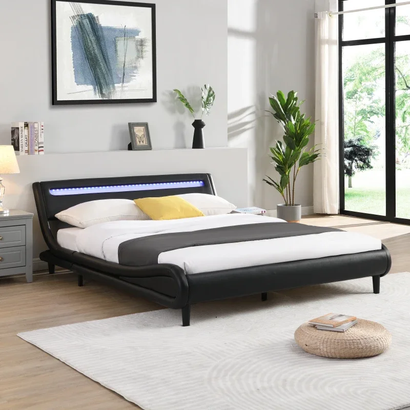 Black, Queen Size Modern Upholstered Platform Bed Frame w/ LED Lights Headboard,Faux Leather Wave-Like Bed Frame for living room