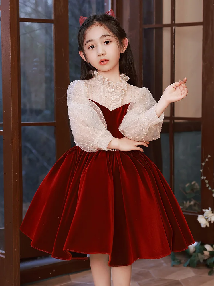 New Luxury Evening Dress for Girls Children Beading Ball Gowns Children Piano Performance Costume Teenagers Elegant Red Vestidos