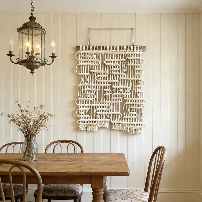 tt& Bohemian Macrame Wall Art with Beads Handwoven Cotton Wall Hanging for Dining Room & Farmhouse Decor~*