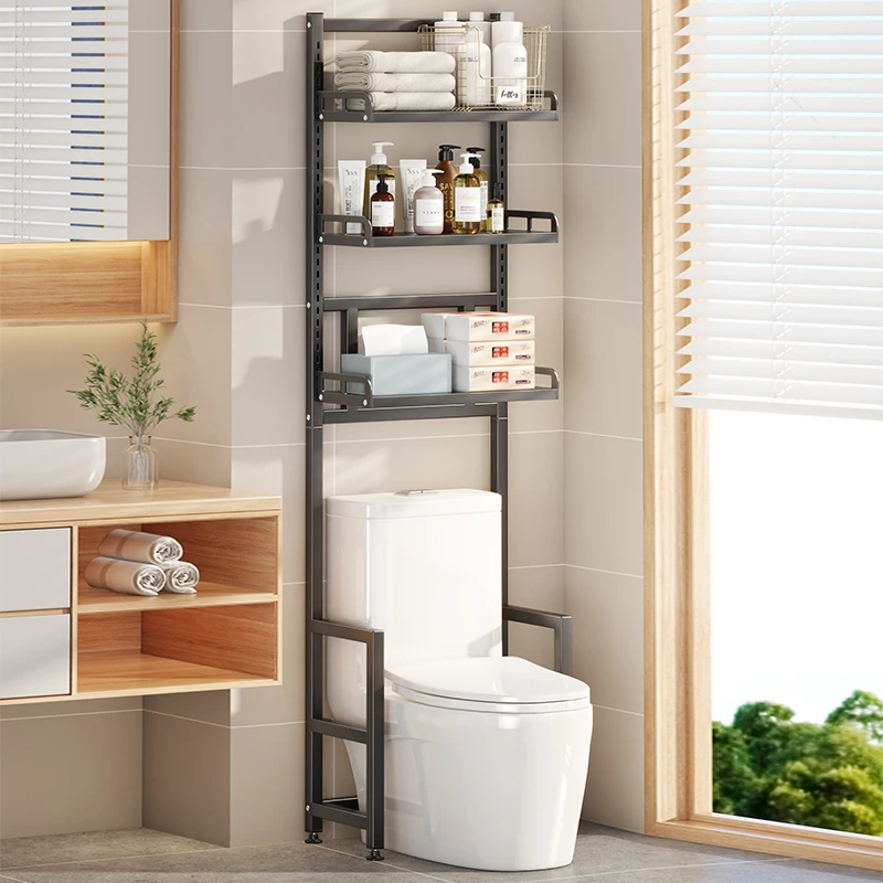The Bathroom Storage Cabinets and Storage Shelves Above the Toilet Feature Adjustable Heights, Are Made of Rust-Resistant Metal Frames and Metal Partitions, and Contain Items Such as Toiletries, Towels, Decorations, Cosmetics, and Other Bathroom Supplies, Bathroom Shelves, and Toilet Shelves view 4