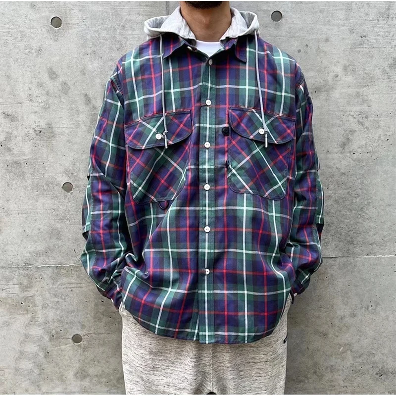 23SS PIER39 Detachable Hooded Vintage Loose Casual Men\'s and Women\'s Purple Long-sleeved Thick Plaid Shirt Coat