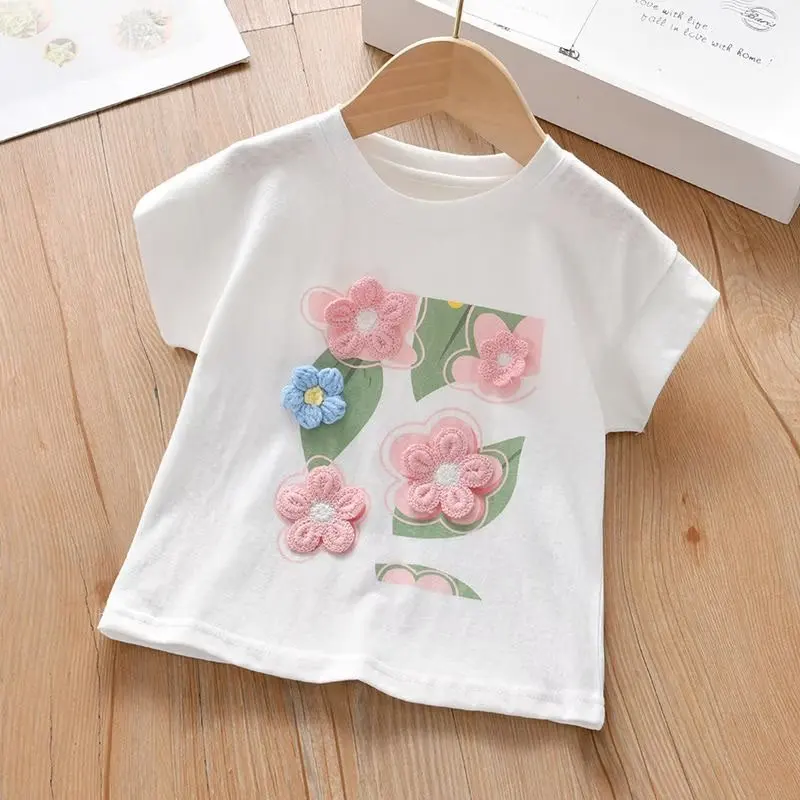 Girls Summer Flower Short Sleeve T-shirt Children\'s Sweet Round Neck Bottom Shirt Baby Cotton Comfortable Top New Fation