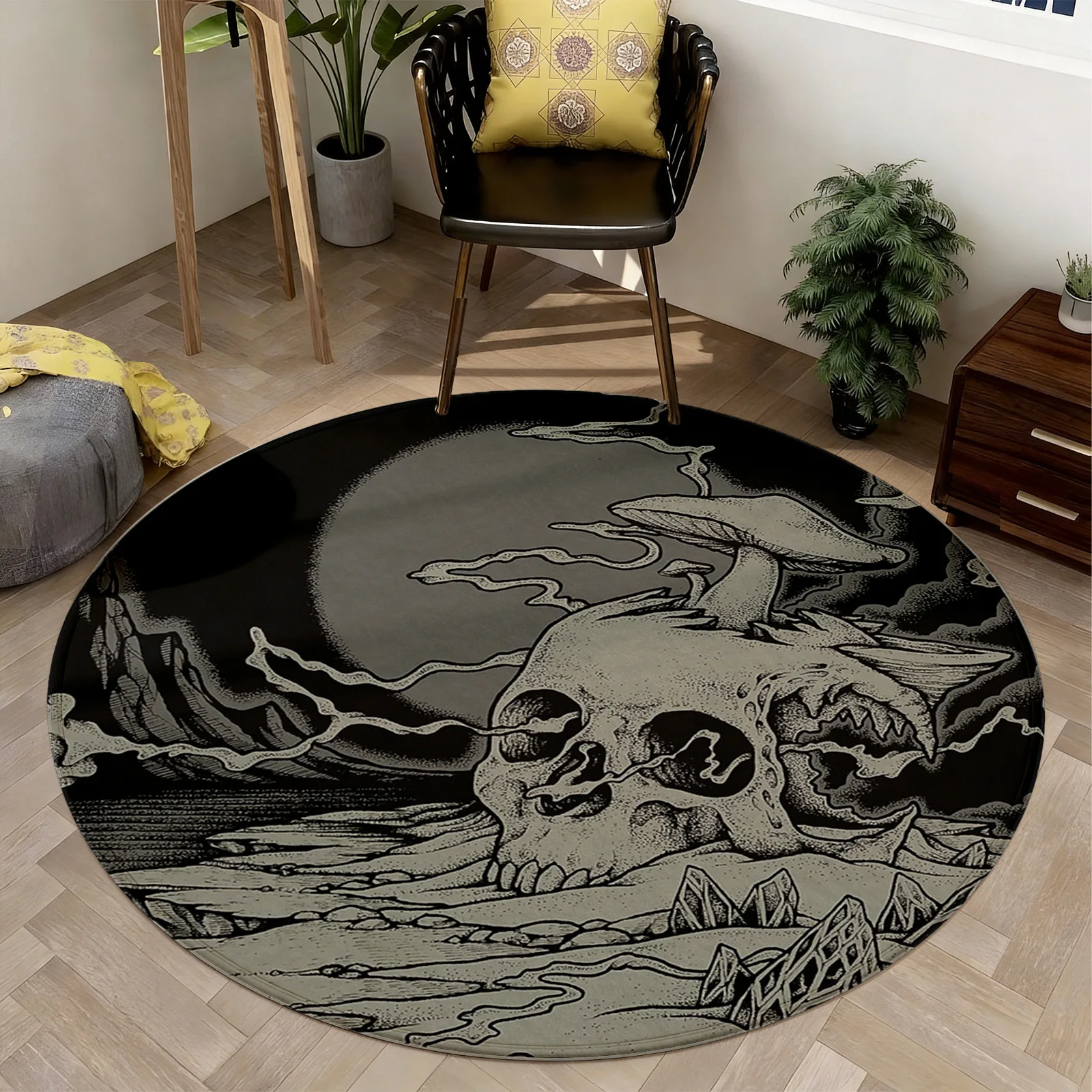 Statement Round Skull Print Area Rug Gothic Halloween Decor Mat Carpet for Living Room Bedroom Trendy Bohemian Grunge Style Home