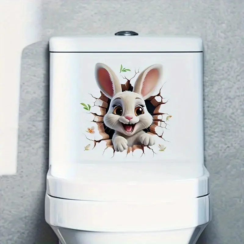 Naughty Rabbit 3D Toilet Stickers, Bright Bathroom for Home Decoration, Vinyl Animal Decals, Art Wall Paper, Poster