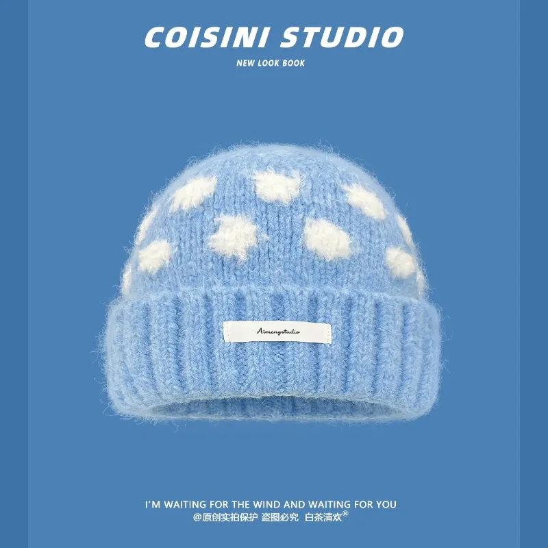 Koreanische Polka-Dot-Strickmütze für Damen, Herbst und Winter, dick und warm, modisch und vielseitig, mit Ohrenschutz, Ski-Beanie-Mütze. – Detail 1
