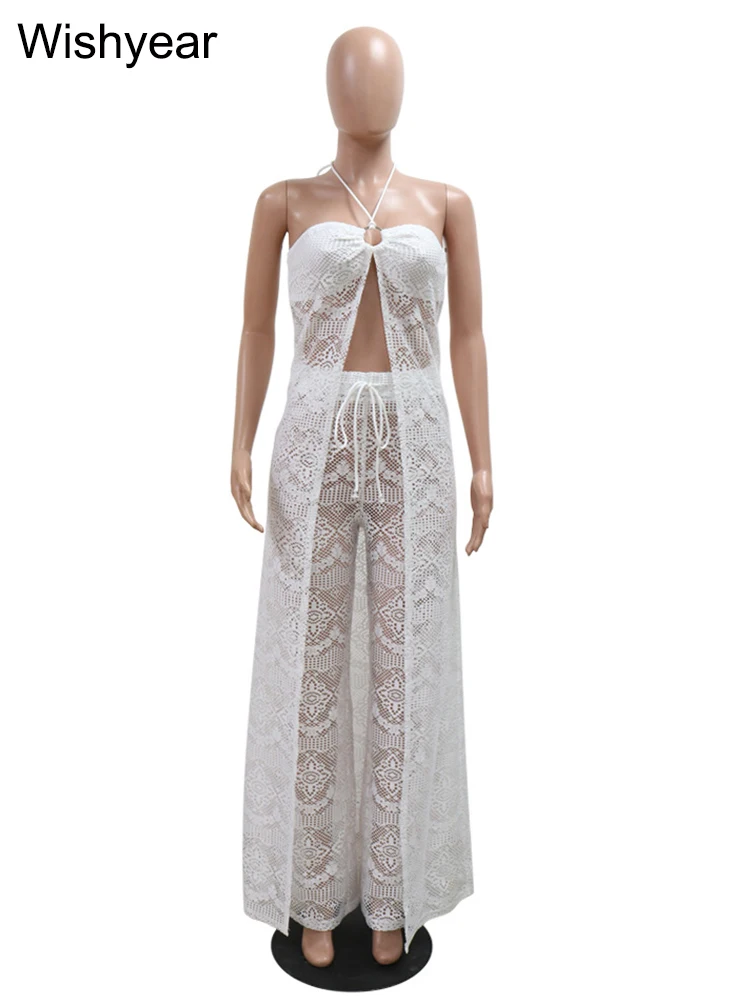 New Elegant Wide Leg Pants and Halter Lace Up Long Top Two 2 Pieces Women Outfits White Suit Sexy Night Club Beach Matching Sets