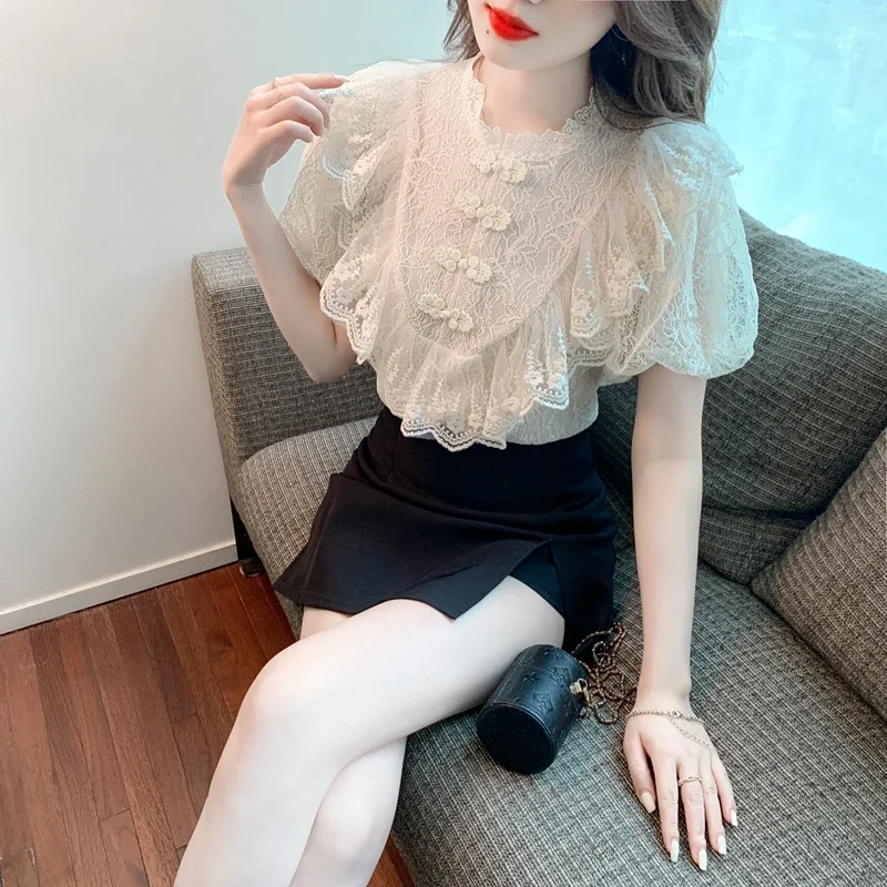 Vintage Lace Blouses Women Summer 2024 Elegant Fashion Casual Puff Sleeve Ladies Tops Korean Style Slim Y2k Chiffon Shirts