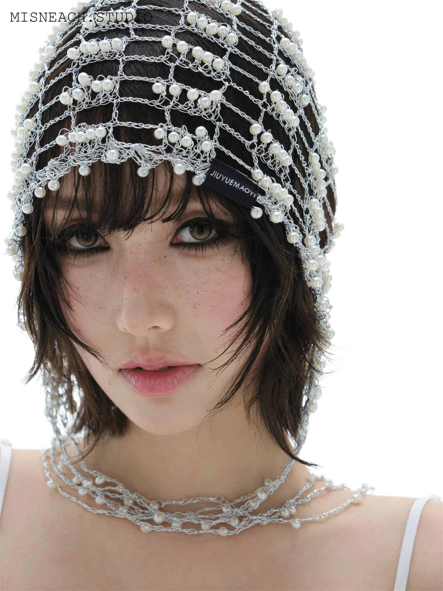 

Handmade Pearl Tassel Net Shawl Headband Stylish Summer Breathable Ultra-Thin round Top Cap for Young Women Fashionable Trendy