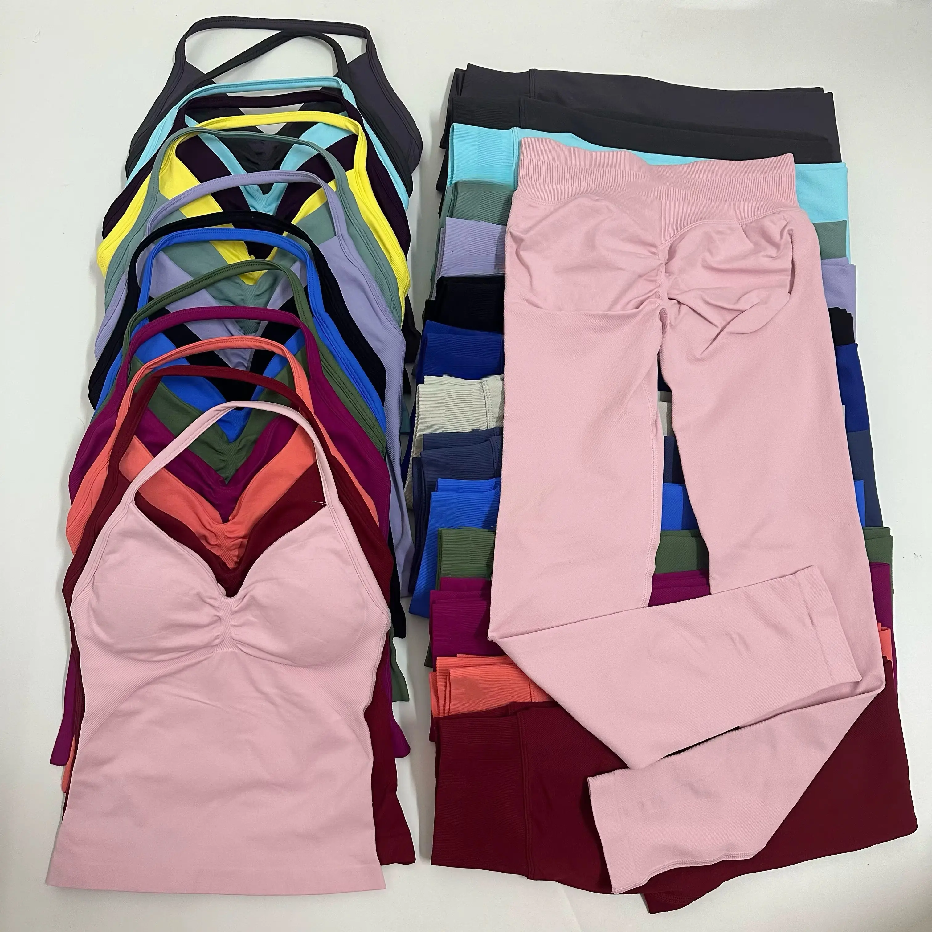 

2 Pieces Impact Sports Set Workout Clothes Shorts Sets Impact Longline Strappy Top Seamless Scrunch Shorts Yoga Clothing Gym Set