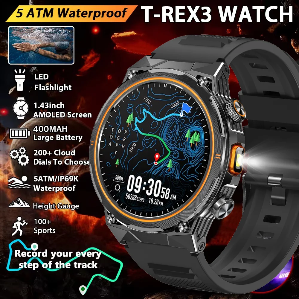 

Новые спортивные умные часы для мужчин, 1,46 дюйма, AMOLED-экран, светодиодный фонарик, аккумулятор 400 мАч, 10 АТМ, водонепроницаемые умные часы с Bluetooth-вызовом