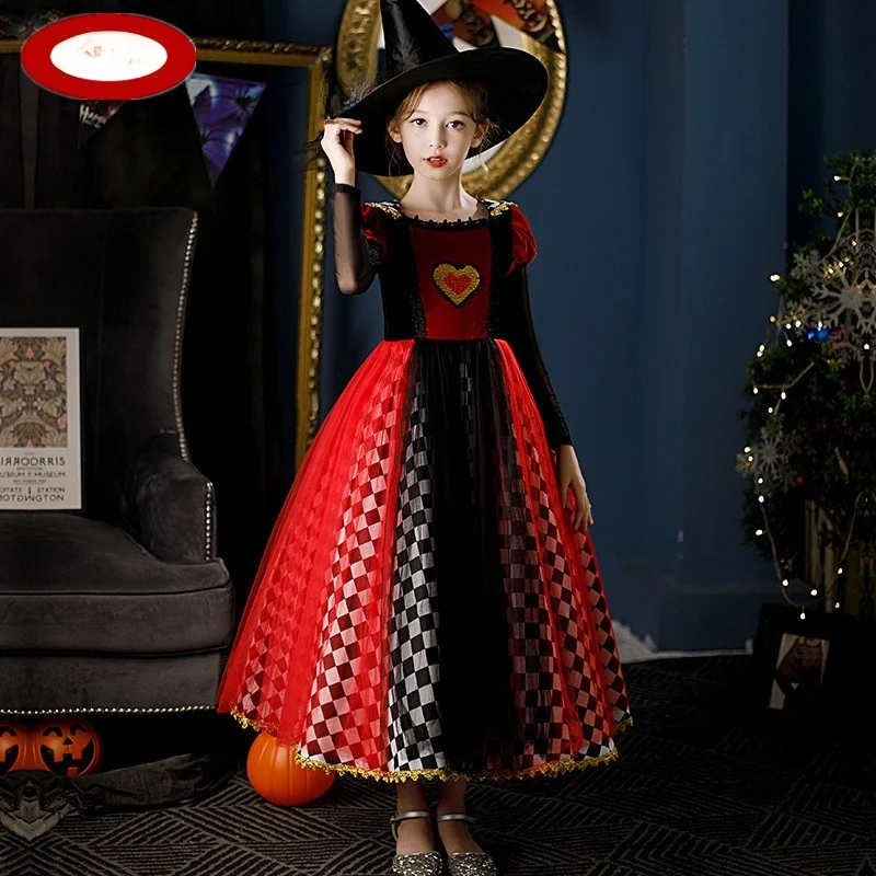 Alice in Wonderland Cosplay Costume Red Heart Queen Stage Performance loween Children's Outfit Polyester Fiber 00%