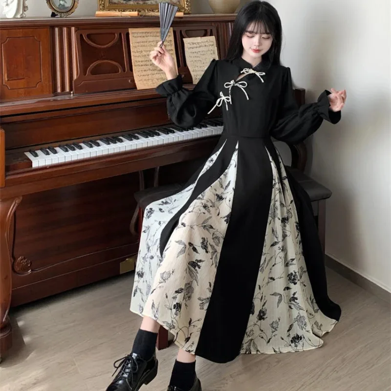 Retro Printed Patchwork Long Dress Women Elegant Chinese Style Vintage Maxi Dresses Streetwear Robe Woman Clothing New