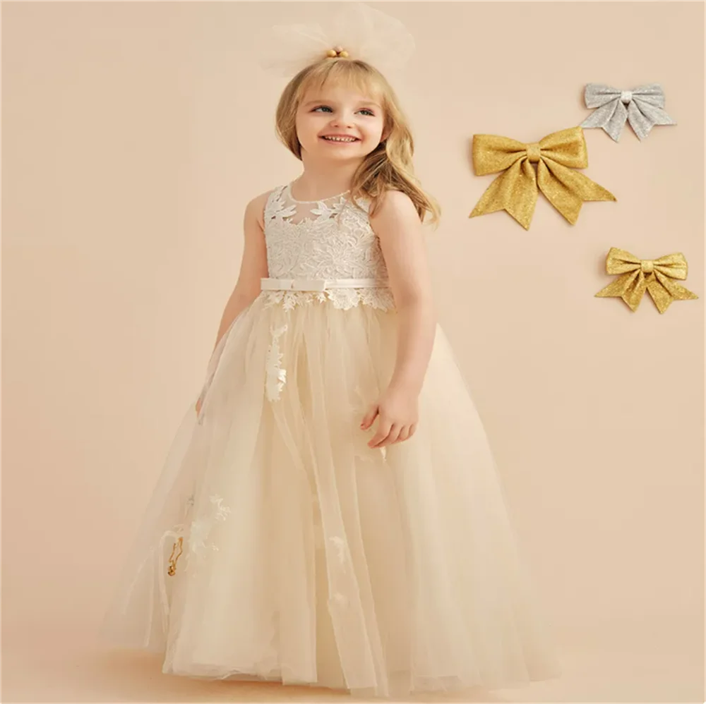 

Flower Girl Dress Champange Fluffy Tulle Lace Appliqu Bow Wedding Cute Flower Child's First Eucharistic Birthday Party Dress