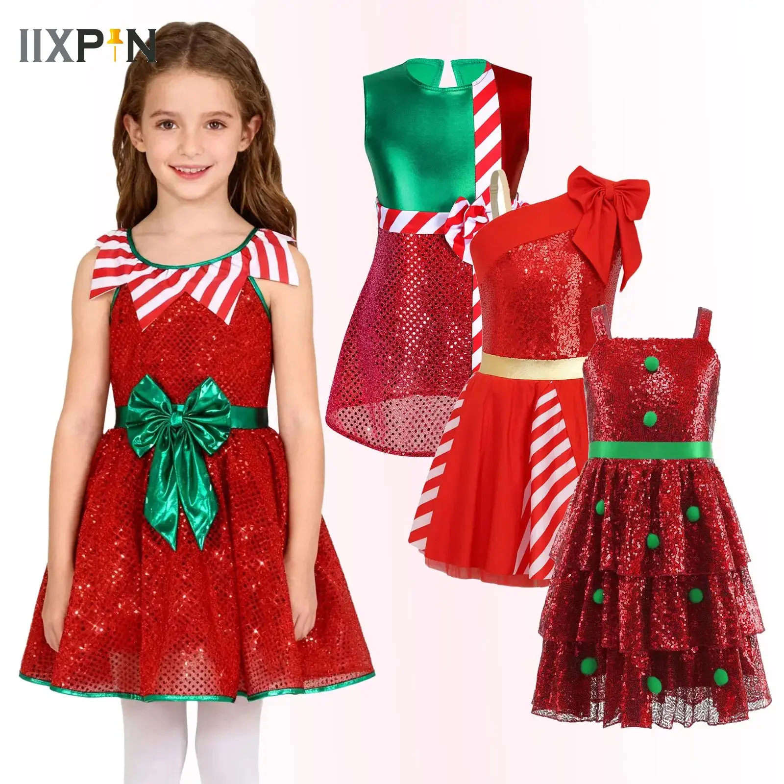 

Kids Girls Candy Cane Striped Sequins Ballet Dance Leotard Dress Christmas Elf Costume Moden Jazz Latin Performance Dancewear