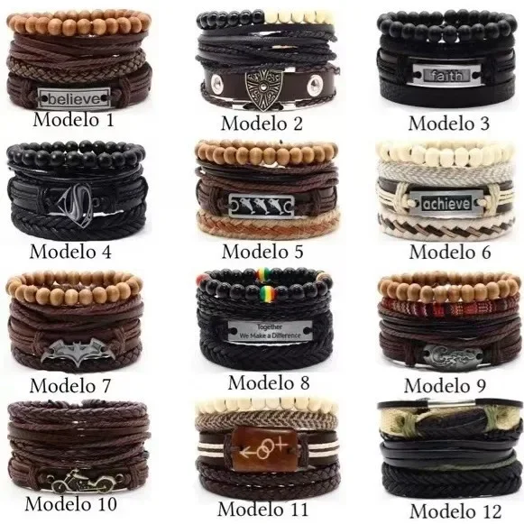 Retro Punk Gothic Rock and roll Individuality Exaggerate Originality Set of 4 Knit Leather Bracelet Multilayer Accessory Men's