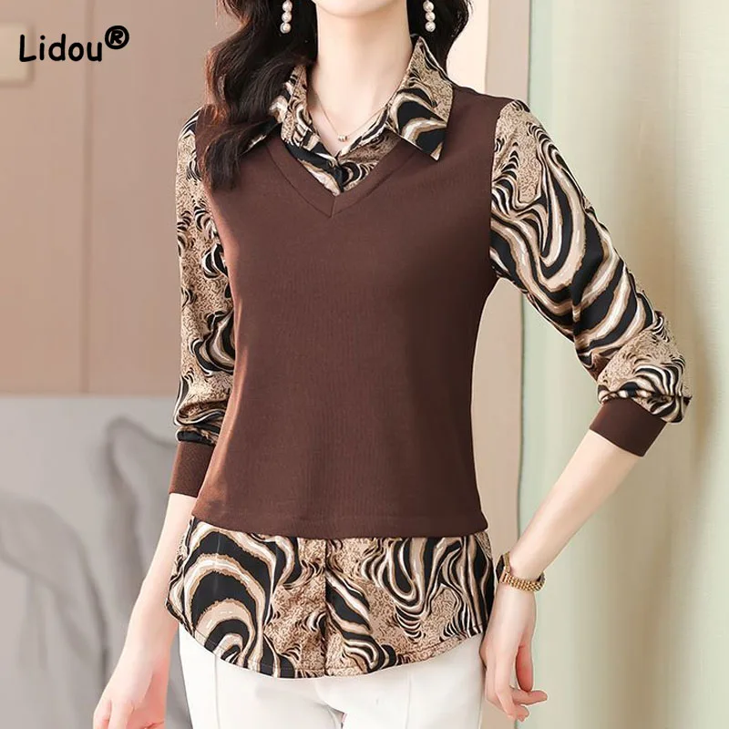 

Fashion Leopard Print Fake Two Pieces Spliced Blouses for Women Elegant Vintage Polo-Neck Long Sleeve Shirt Female Clothing