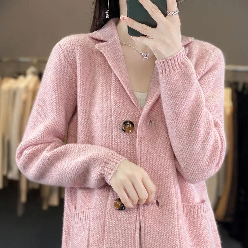 Autumn and Winter New Women\'s Cardigan Lapel 100% Australian Wool Sweater Loose Fashion Knitted Women\'s Cardigan Full Sleeve